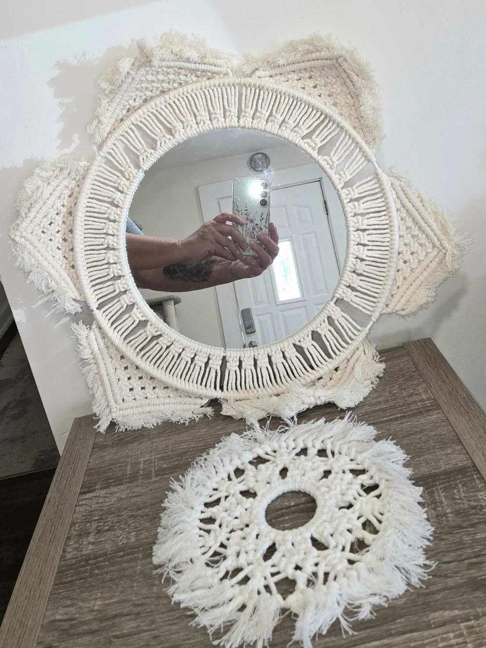 Handmade Macrame Wall Mirror Round Bohemian Beige Cotton Rope and Coaster SEE DE